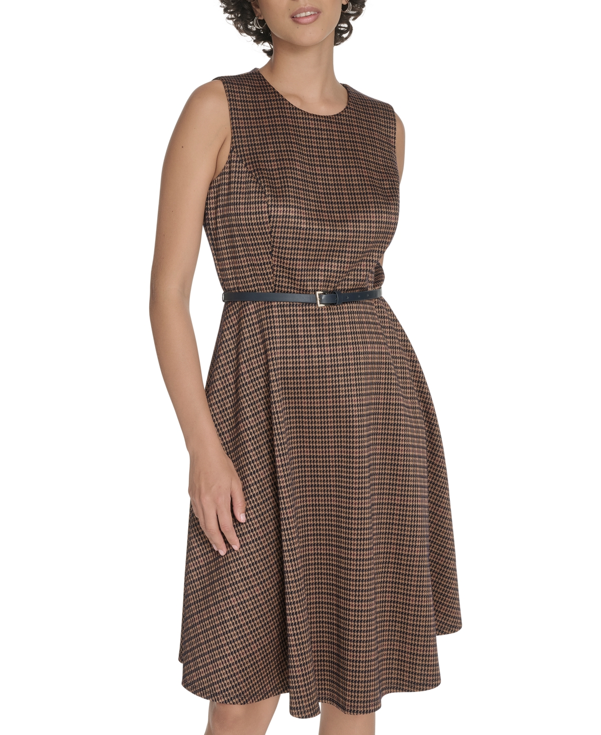 Tommy Hilfiger Houndstooth Sleeveless Belted Fit & Flare Dress In Brown
