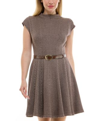 Women's Belted Jacquard A-Line Dress