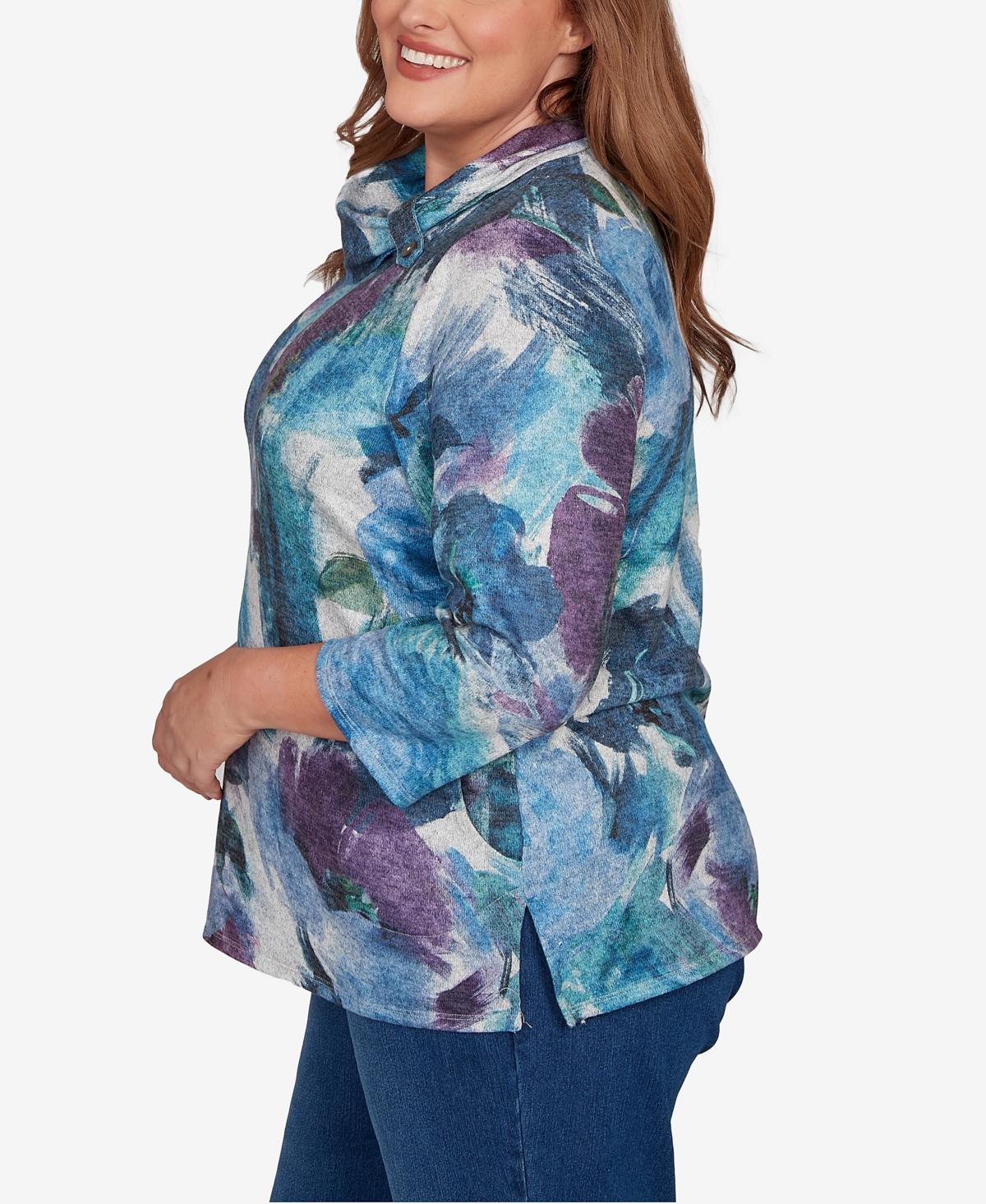 Alfred Dunner Plus Size Classic Floral Brushstroke Mock Neck Top In Multi