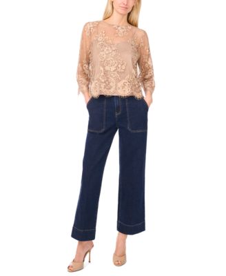 Women's Floral-Lace Scalloped-Hem 3/4-Sleeve Top