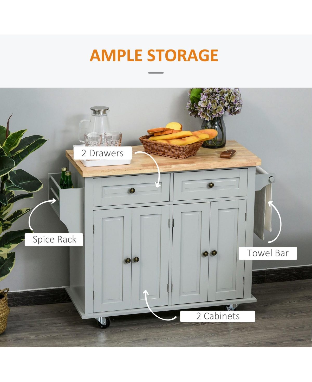 Halifax North America Gray Kitchen Assistant: Rolling Island with Rubber Wood Top and Storage