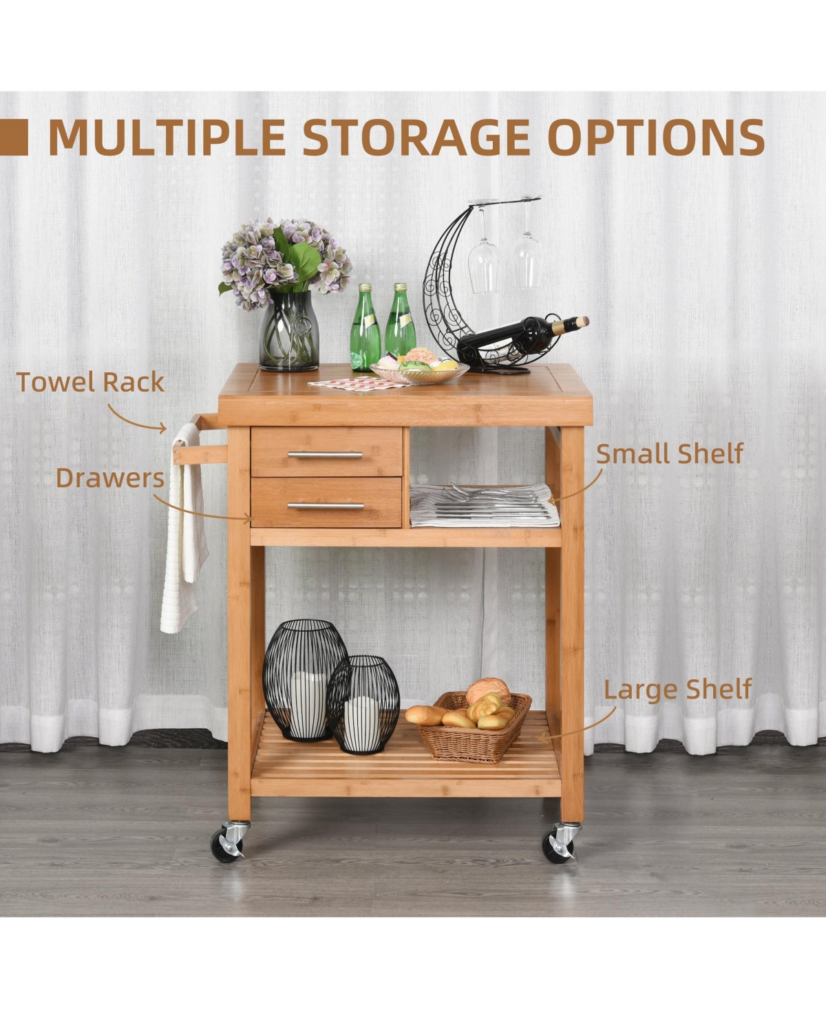 Halifax North America Bamboo Kitchen Organizer: Utility Cart with Drawers and Shelves