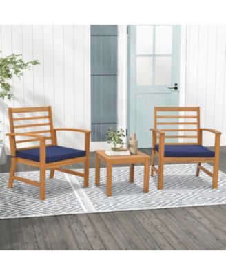 3PCS Furniture Set Acacia Wood Conversation Set w/ Soft Seat Cushions Outdoor