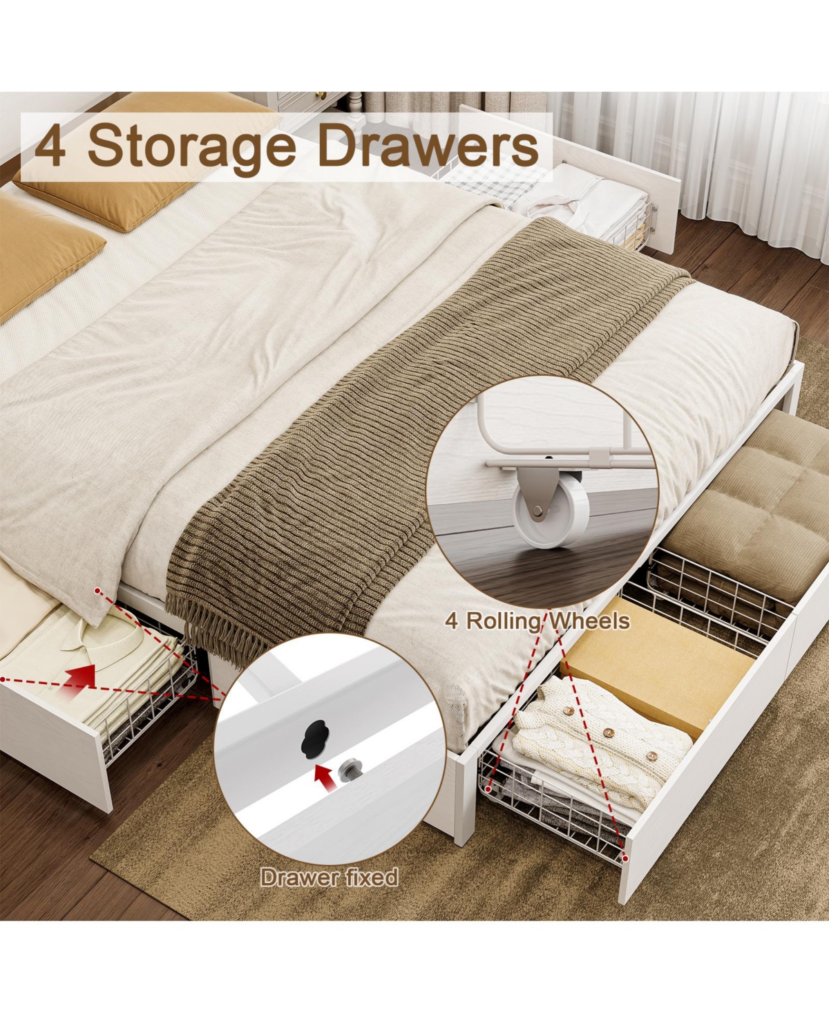 Hausource Modern Queen Size Bed Frame with 4 Storage Drawers & Led Headboard & Charging Station