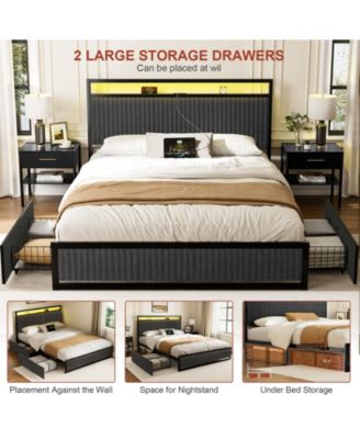 Upholstered Queen Bed Frame with 2 Storage Drawers, LED Headboard, USB Ports, Dark Gray
