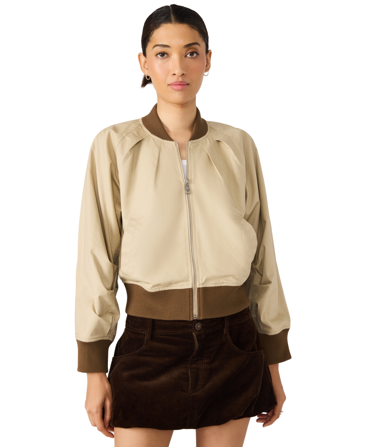 Steve Madden Bray Cotton Crop Bomber Jacket In Brown
