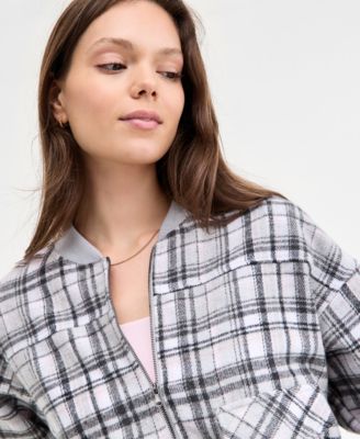 Juniors' Plaid-Print Bomber Jacket
