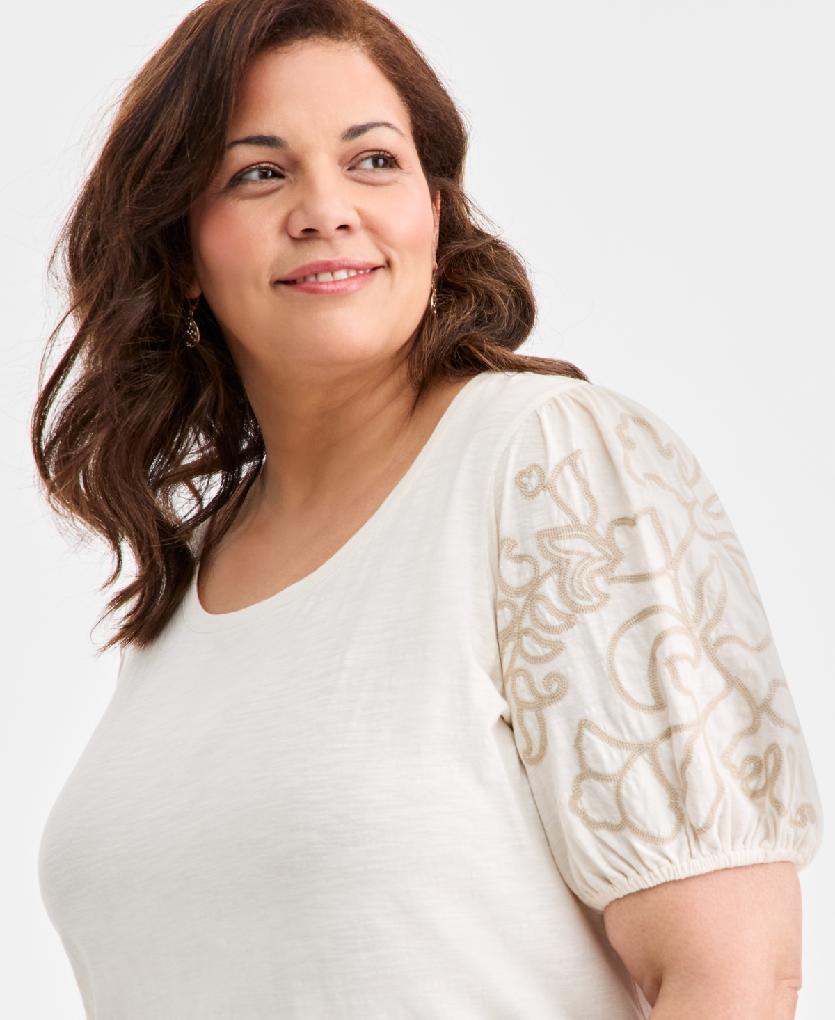 Style & Co Plus Size Cotton Embroidered-sleeve Top, Macy's Exclusive In White