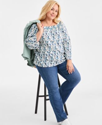 Plus Size Square-Neck Long-Sleeve Knit Top, Macy's Exclusive