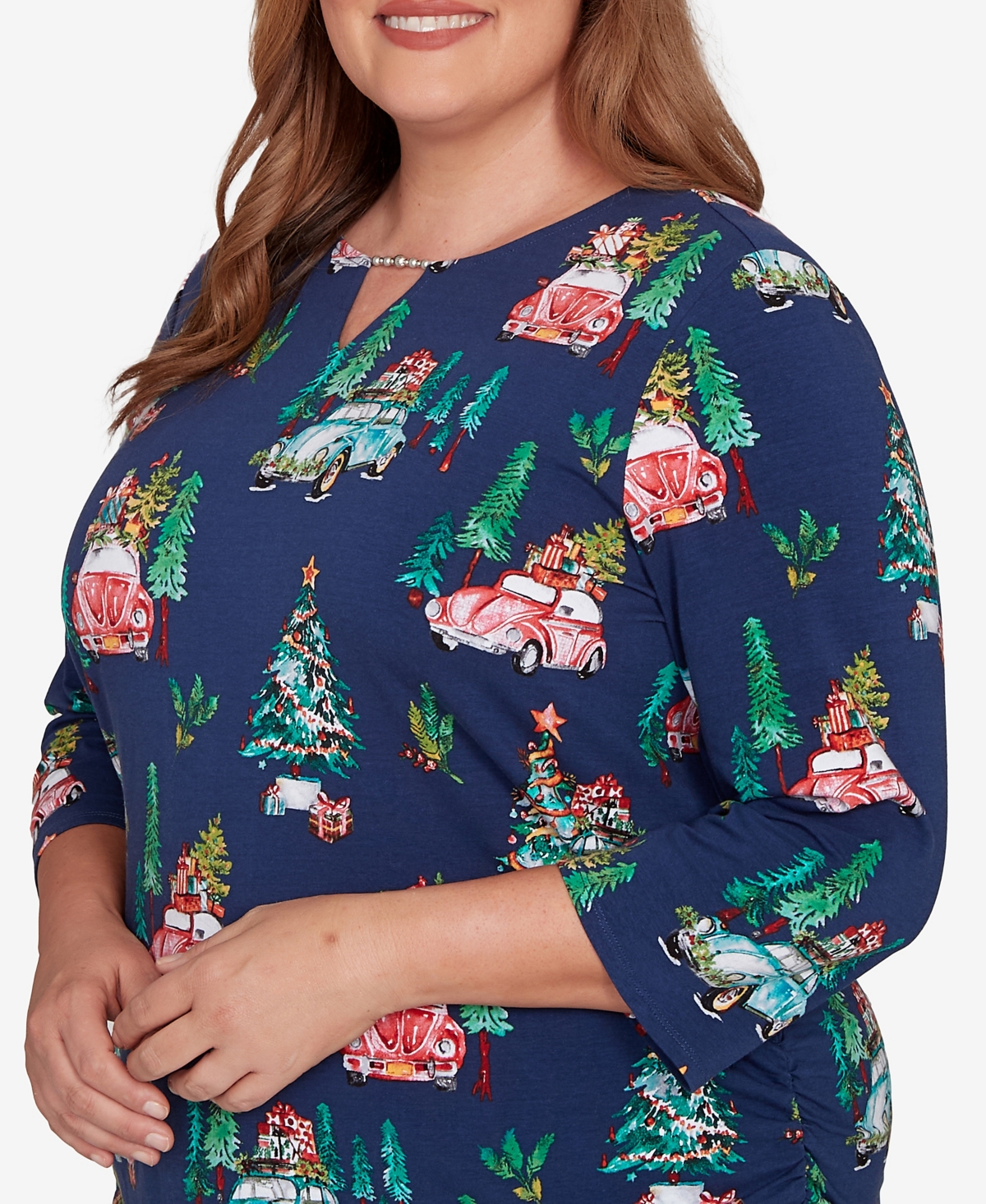 Alfred Dunner Plus Size Classic Christmas Tree Print Beaded Keyhole Neck Top In Blue