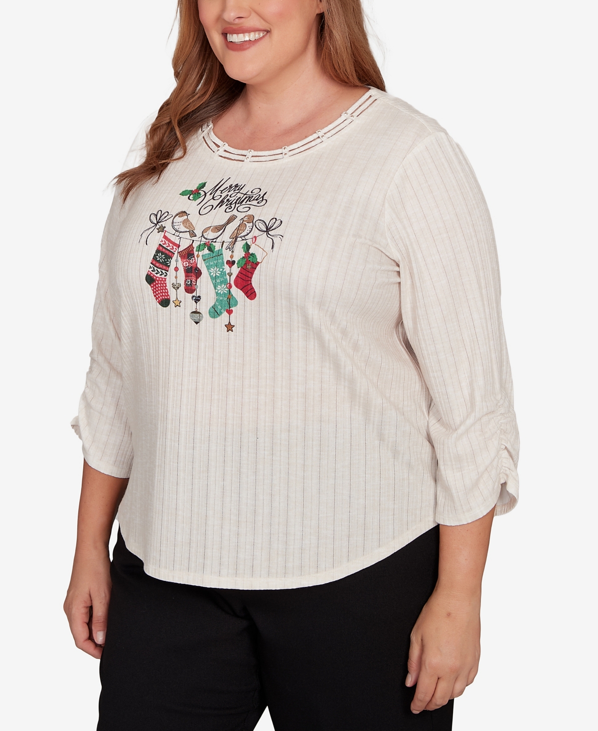 Alfred Dunner Plus Size Classic Holiday Stockings Gathered Sleeve Top In Neutral