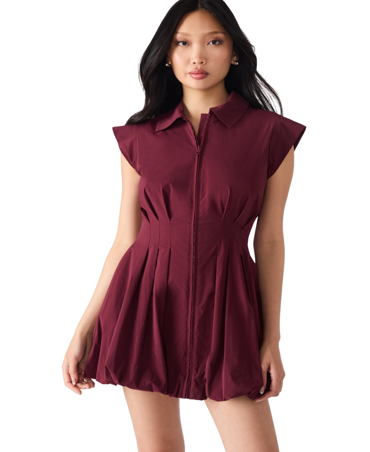 Steve Madden Dyanne Poplin Pleated Mini Dress In Burgundy