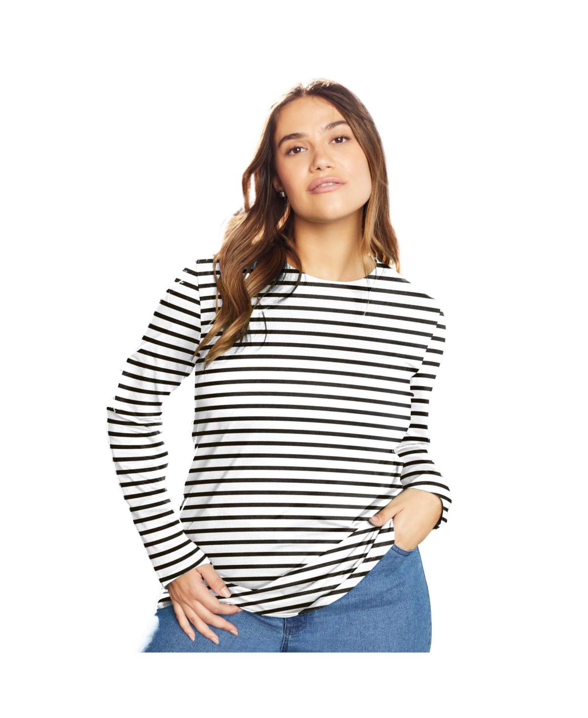 Women's June + Vie Long-Sleeve Crewneck One + Only Tee - White black stripes