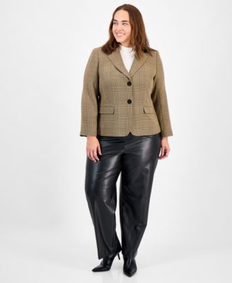 Plus Size Plaid Elbow-Patch Two-Button Jacket