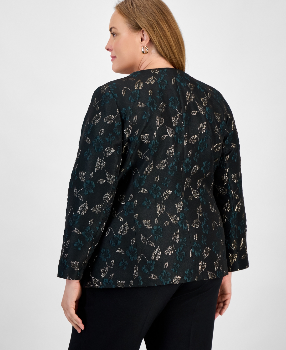 Kasper Plus Size Metallic Jacquard Collarless One-button Blazer In Black