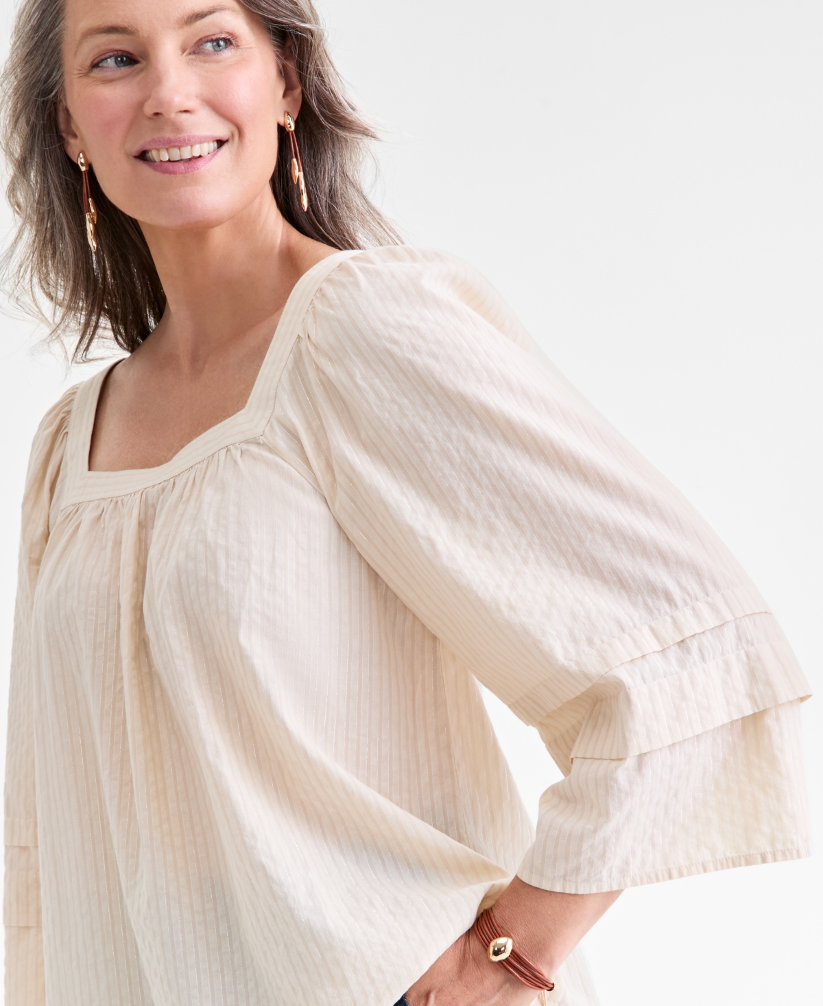 Style & Co Petite Square-neck Shadow-striped Top, Macy's Exclusive In Neutral