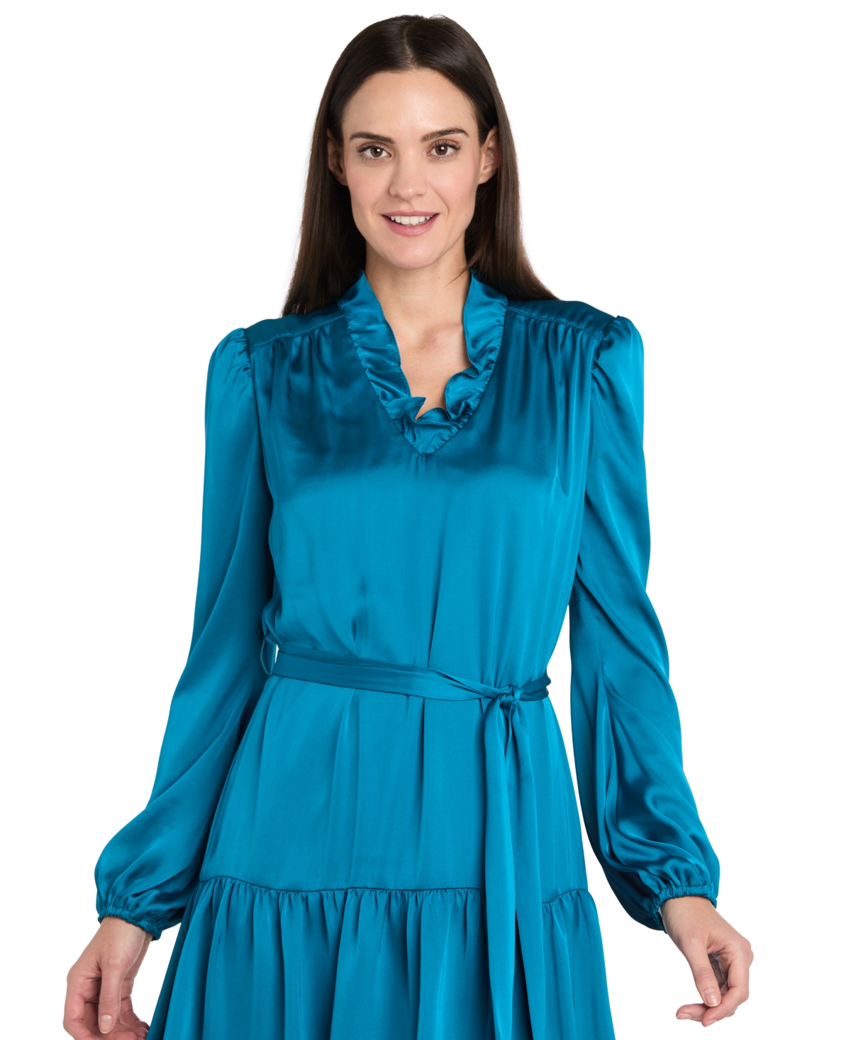 R & M Richards Women's V-neck Charmeuse Ruffled Waist-tie Dress In Blue