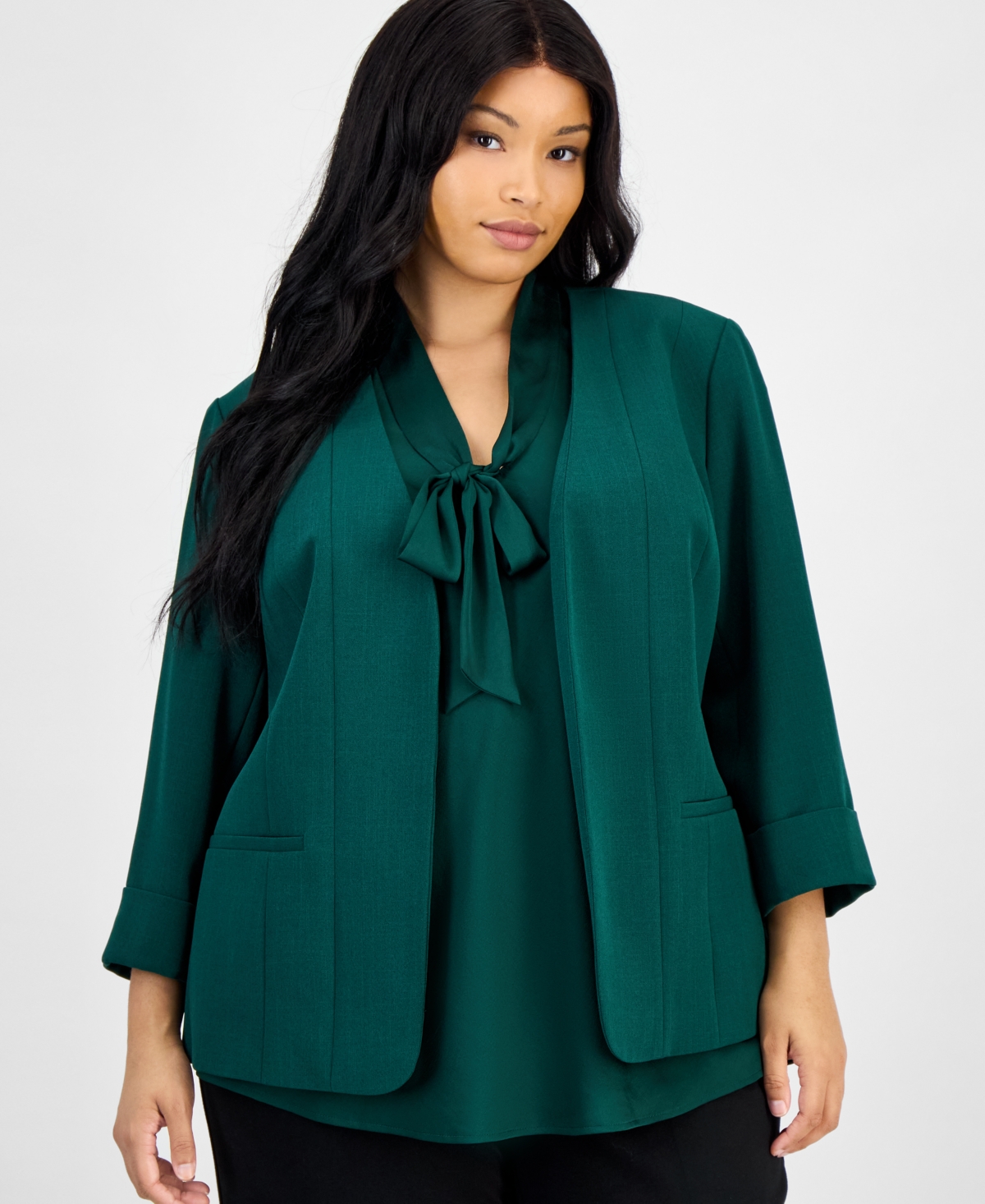 Kasper Plus Size 3/4-sleeve Open-front Blazer In Green