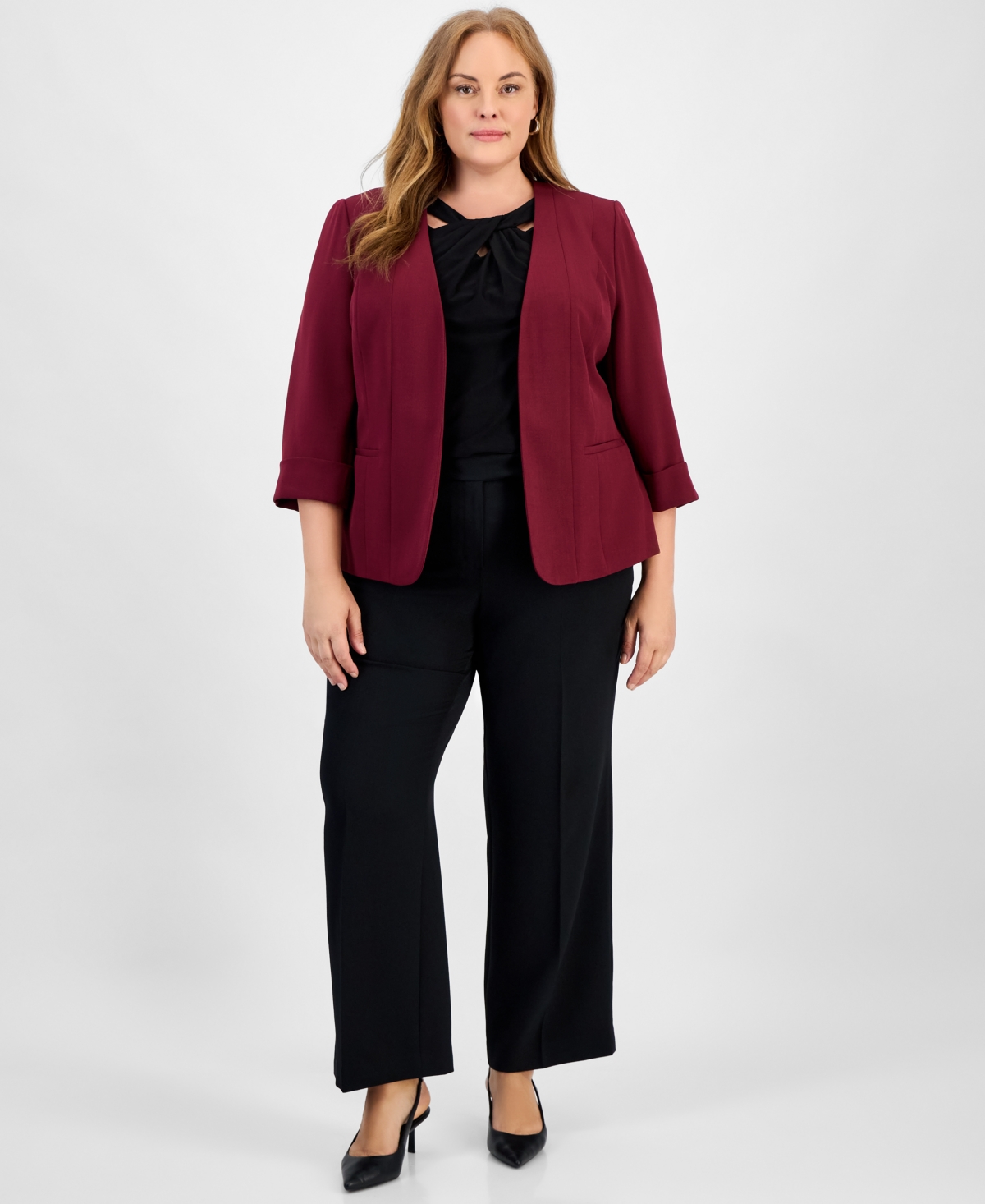 Kasper Plus Size 3/4-sleeve Open-front Blazer In Burgundy