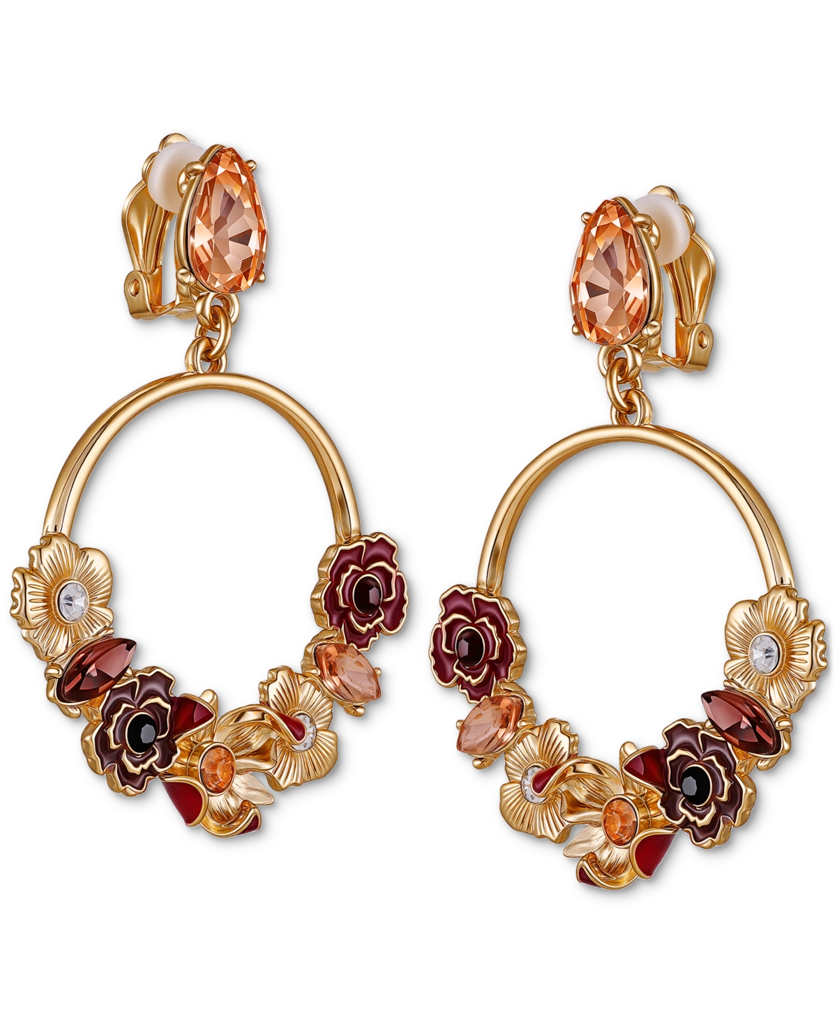 Guess Gold-tone Floral Jewel Clip-on Hoop Earrings In Gold