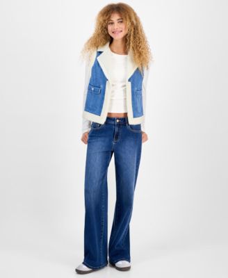 Juniors' Open-Front Denim Sherpa Vest