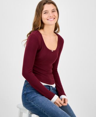 Juniors' Ribbed Layered-Look Long-Sleeve with Rosette