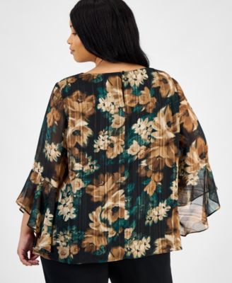 Plus Size Printed Ruffle-Sleeve Blouse