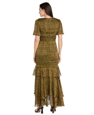 Women's Satin Metallic Stripe Puff-Sleeve Dress