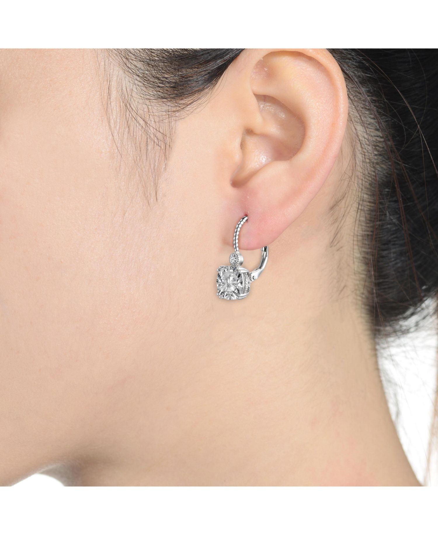 Beautiful White Gold Plated Cushion-Cut CZ leverback Earrings