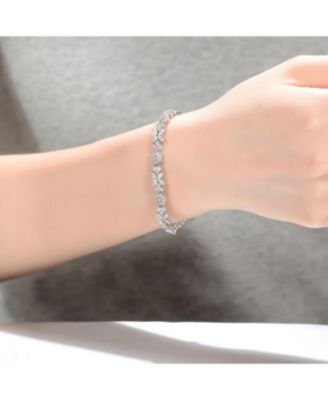 Sterling Silver with White Gold Plated Clear Round and Marquise Cubic Zirconia Cluster Flower-Inspired Tennis Bracelet