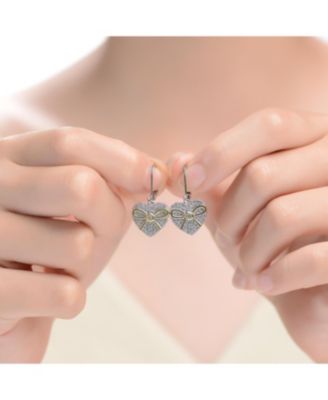 GV Sterling Silver White Gold Plated Two Tone with Clear Cubic Zirconia Leaverback Earrings