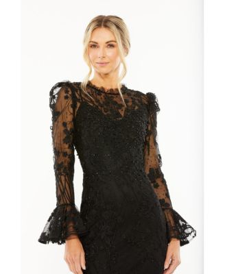 Women's Ruffle Wrist Embellished High Neck Midi Dress