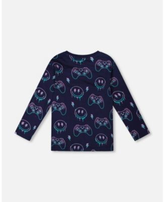 Little Boys Long Sleeve Cotton Allover Print Tee Navy Blue - Toddler|Child
