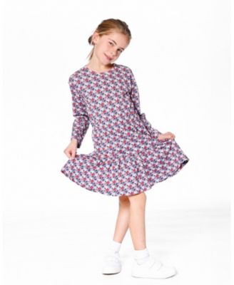 Girl Cotton Dress with Flounce Hem Blue Apple Print - Toddler|Child
