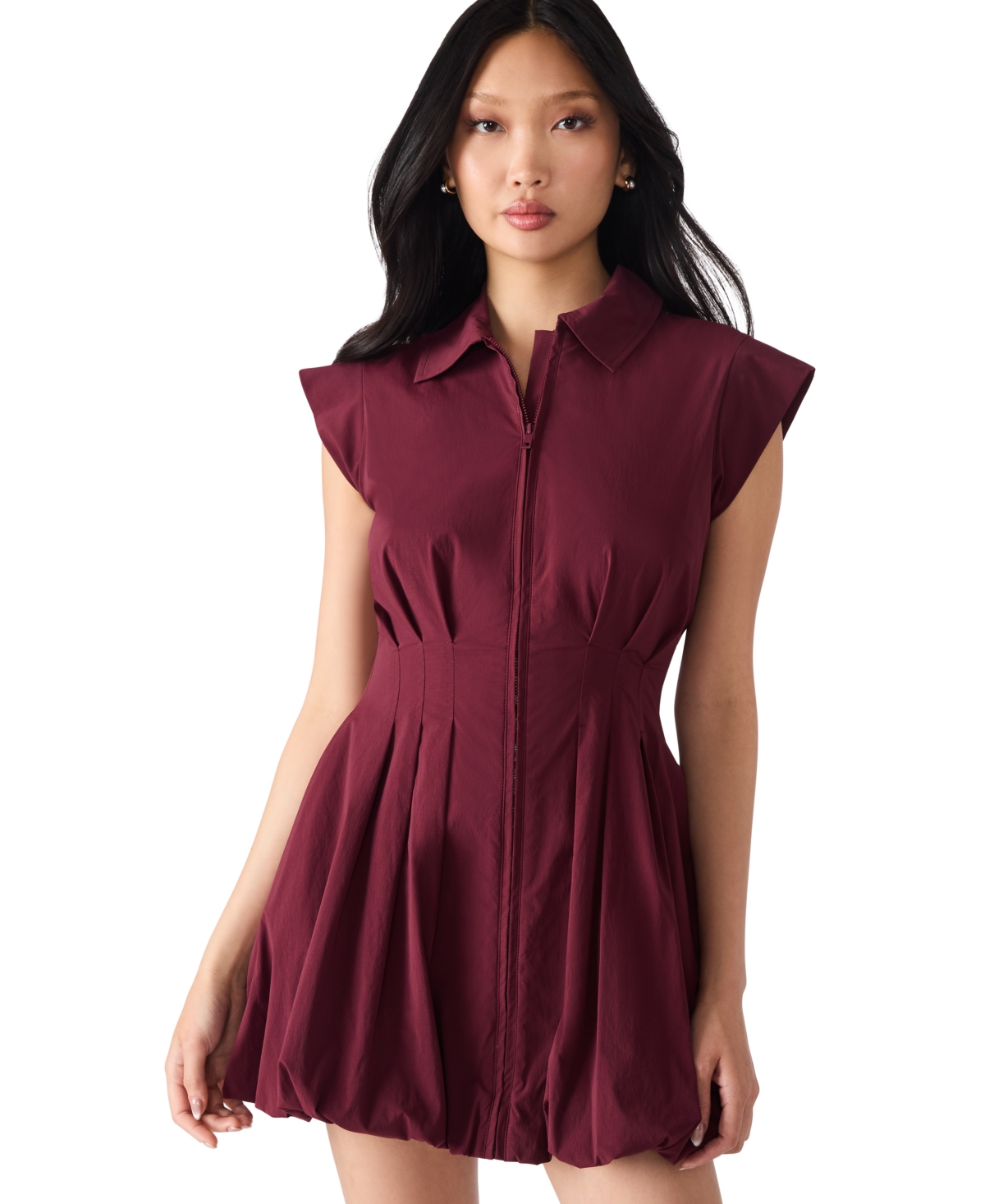 Steve Madden Dyanne Poplin Pleated Mini Dress In Burgundy