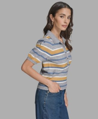 Women's Short Sleeve Striped Polo Sweater