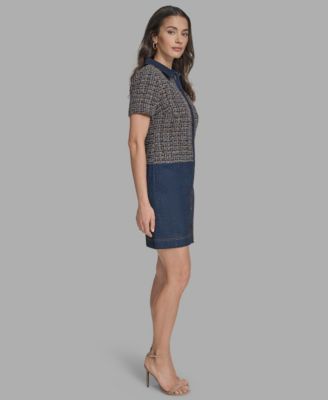 Women's Short Sleeve Drop-Waist Tweed Denim Mini Dress