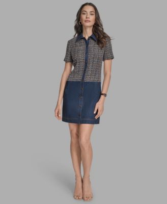 BCBG - Women's-Short Sleeve Drop-Waist Tweed Denim Mini Dress