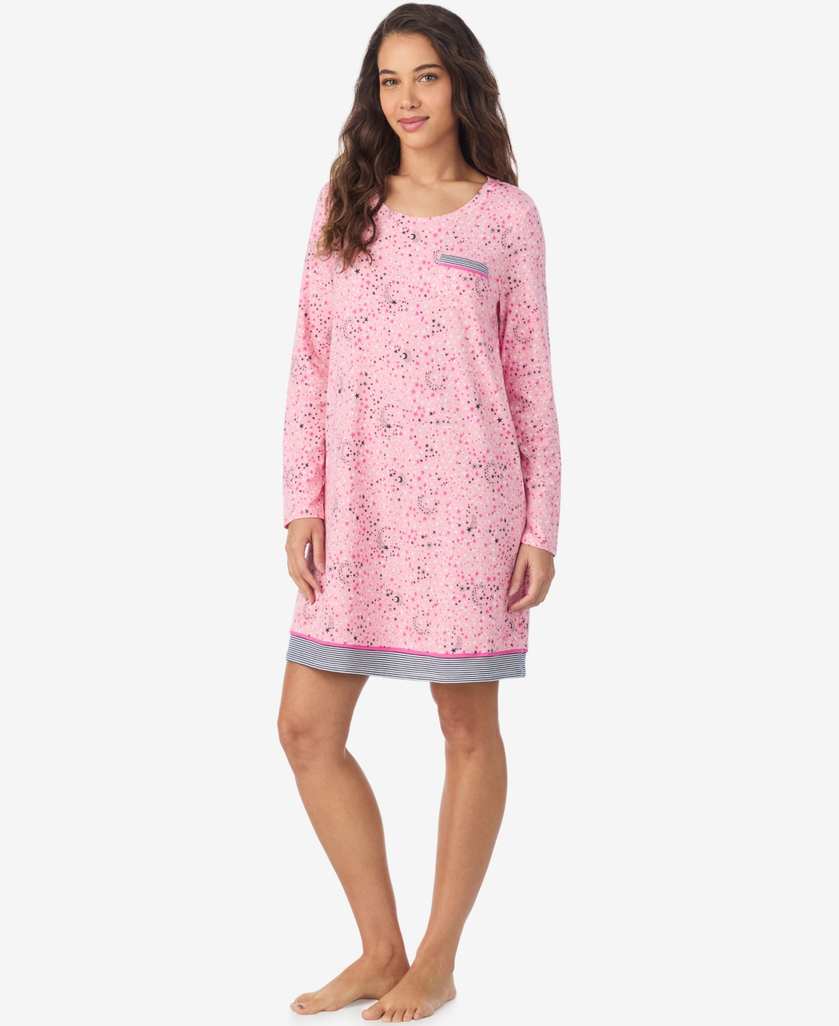 Cuddl Duds Women's Stars Print Long Sleeve Short Sleepshirt In Pink