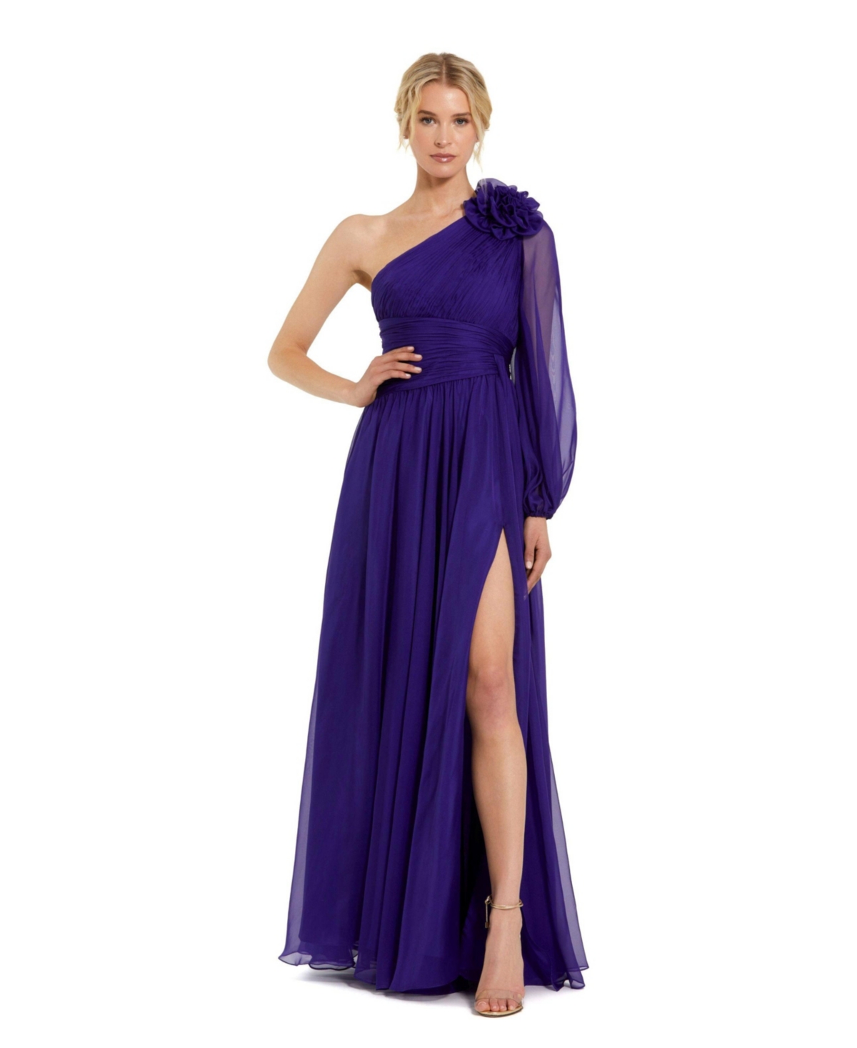 Mac Duggal Women's One Sleeve Ruched Chiffon Gown With 3D Flower - Indigo