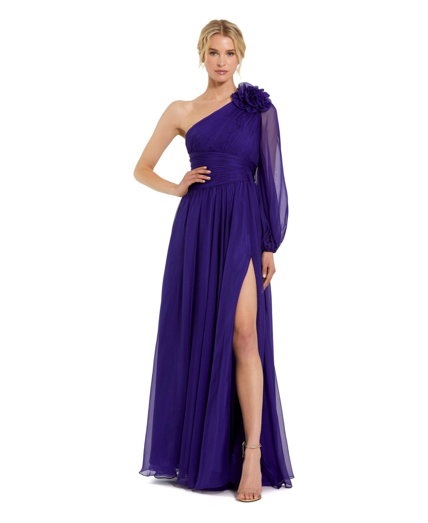Women's One Sleeve Ruched Chiffon Gown With 3D Flower