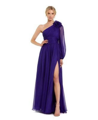 【Mac Duggal】One Sleeve Ruched Chiffon Gown With 3D Flower Mac Duggal Women's One Sleeve Ruched Chiffon Gown With 3D