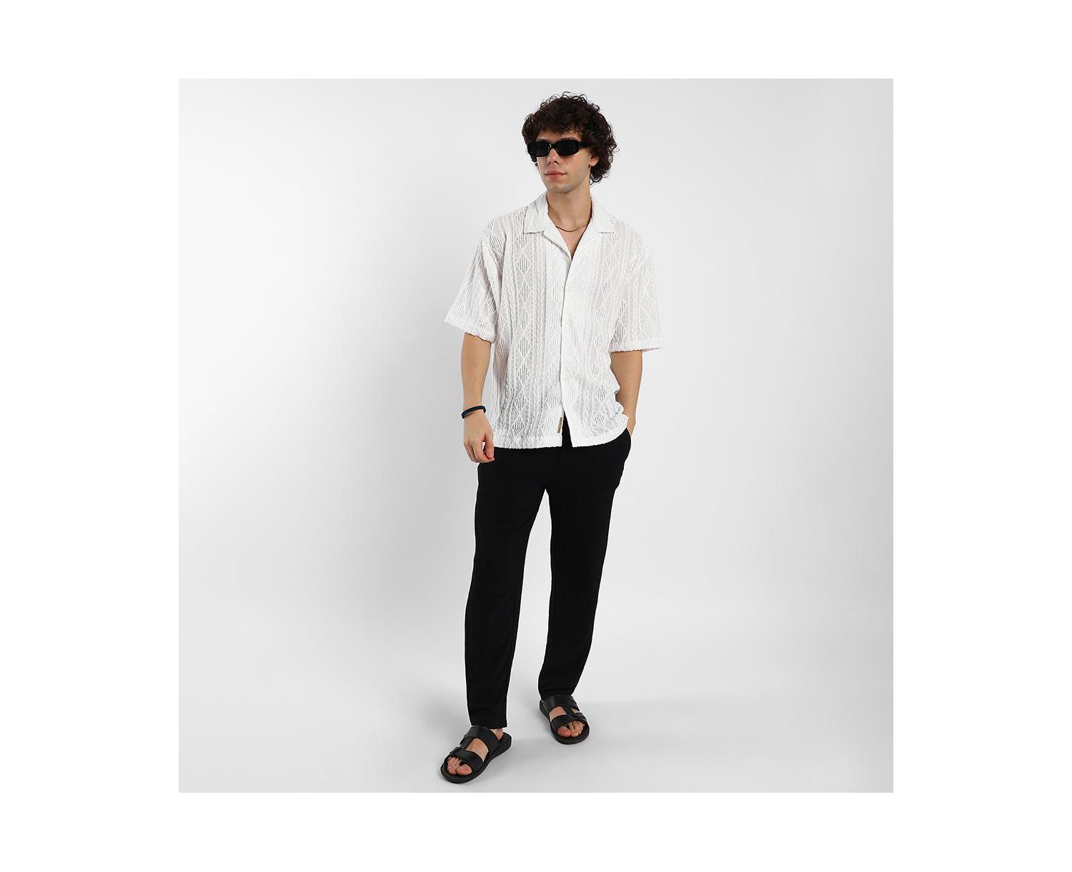 Men's Daisy White Argyle-Textured Oversized Shirt