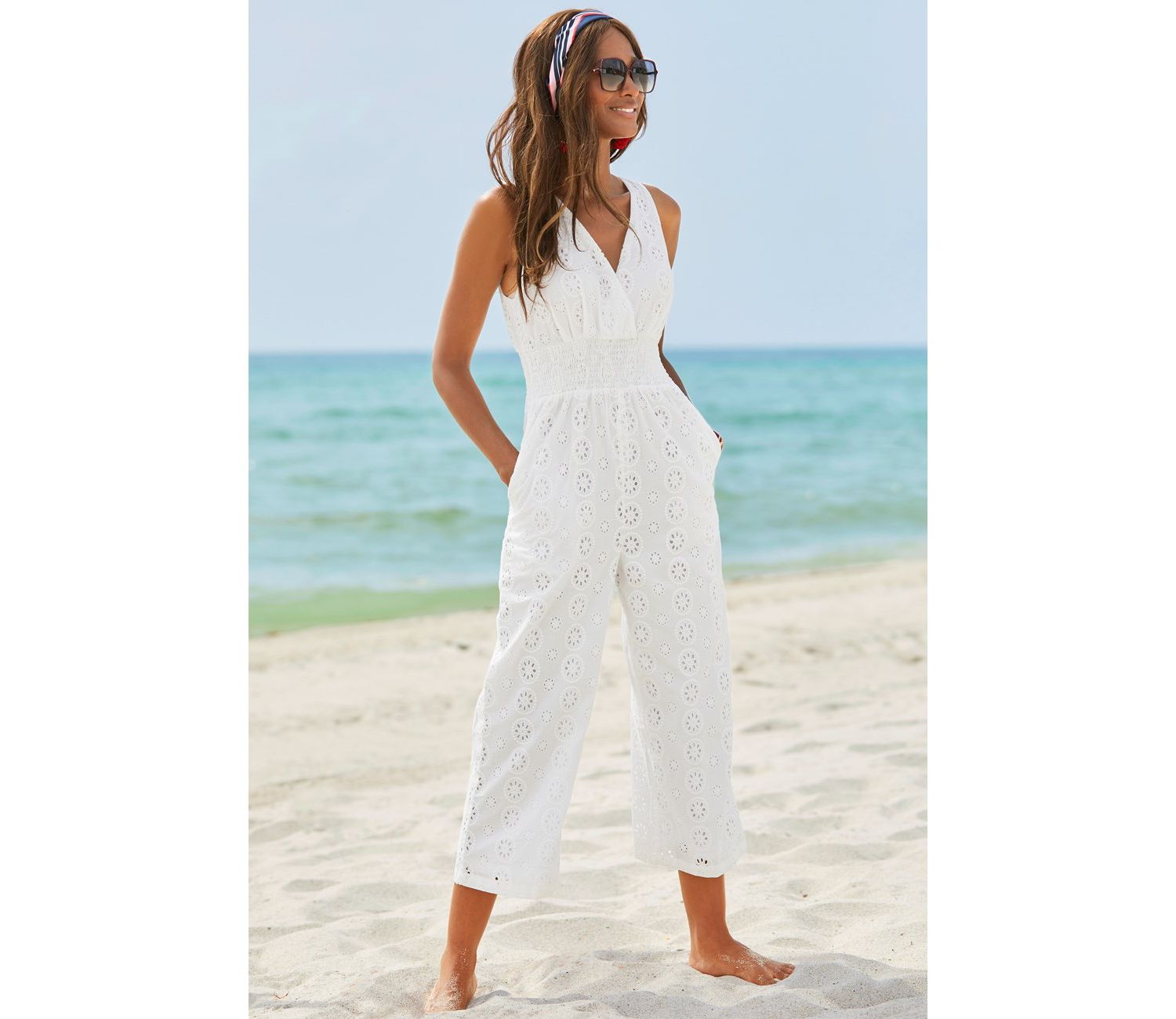 Women's Cotton Sleeveless Eyelet Smocked Jumpsuit