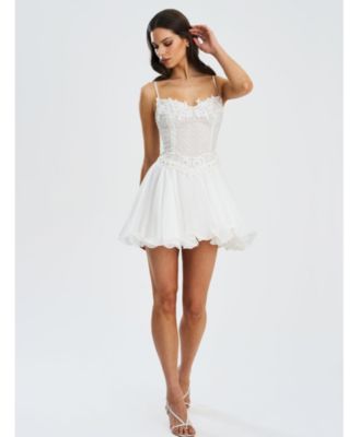 Women Fabiola Lace Trim Silver Net Top Mini Flare Chiffon Dress