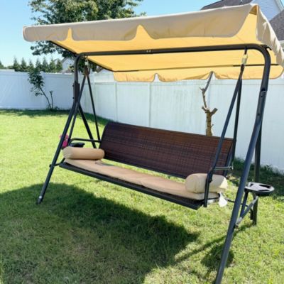 3-Seat Porch Swing with Canopy Outdoor Swing with Cushion, Pillows