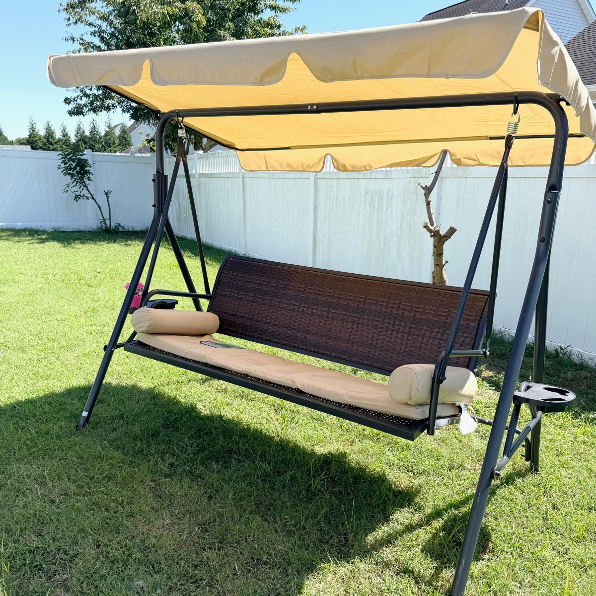 Outsunny 3-Seat Porch Swing with Canopy Outdoor Swing with Cushion, Pillows