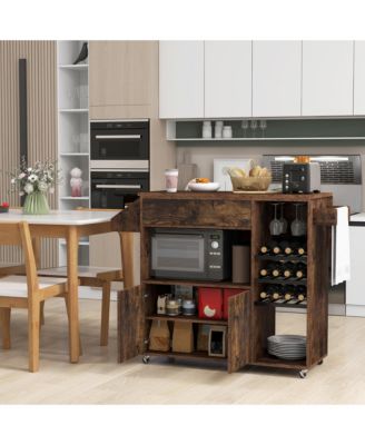 Drop-Leaf Kitchen Island Cart with Power Outlet, Microwave Shelf, Wine Rack & Drawer