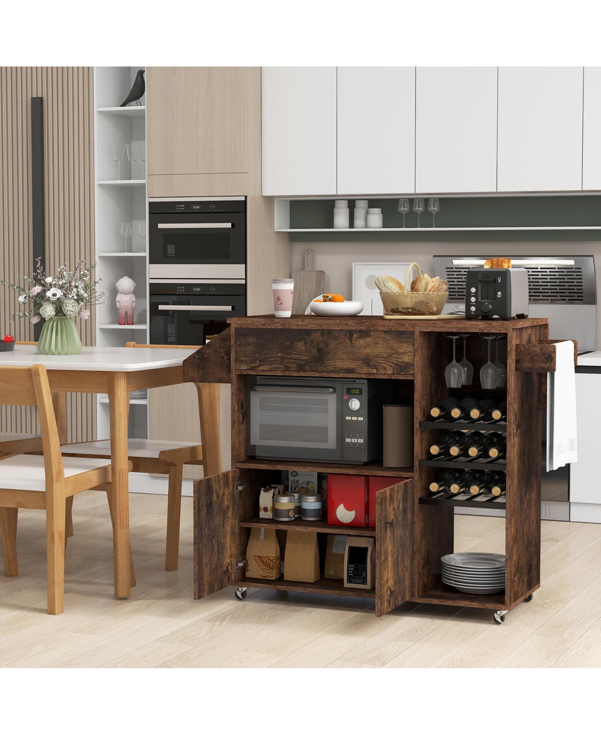 Gymax Kitchen Island Cart w/ Drop-Leaf & Power Outlet Microwave Shelf Wine Rack Drawer