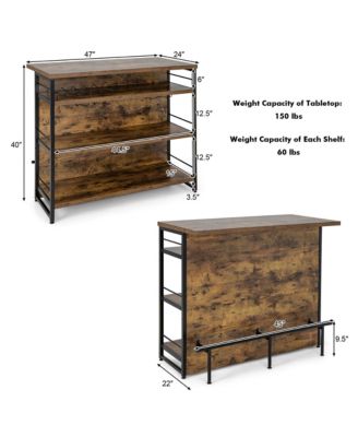 47" Metal, MDF Wine Rack, Glass Holders, Footrest, 4-Tier Shelf Industrial Kitchen Island Bar Table